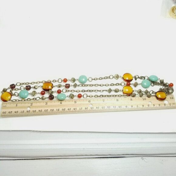 Vintage Premier Designs Long Blue Orange Beaded Chain Necklace, Adjustable Clasp - Picture 5 of 6